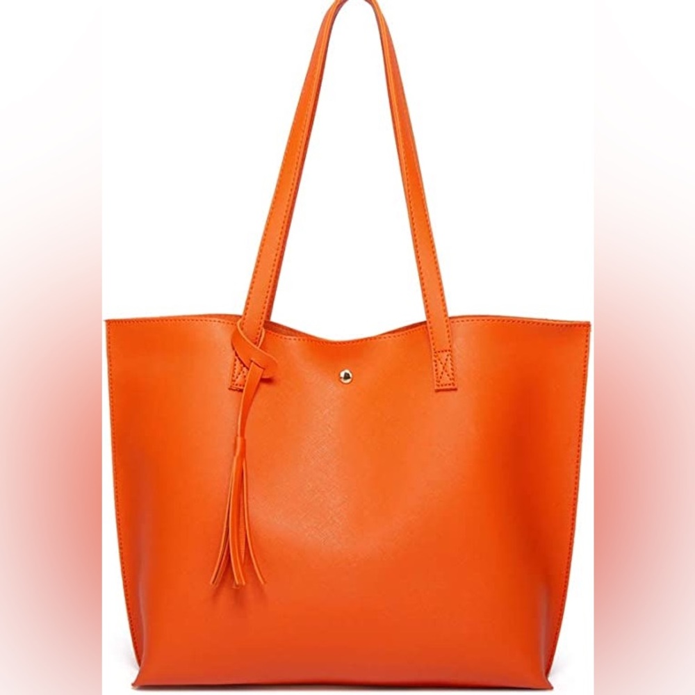 ORANGE SOFT FAUX LEATHER TOTE SHOULDER BAG